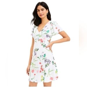 LOFT Pink and Green Flutter Sleeve V-Neck Mini Dress